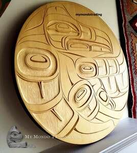 Supernatural Raven, circular yellow cedar art, Kolten Khasalus Grant - SOLD